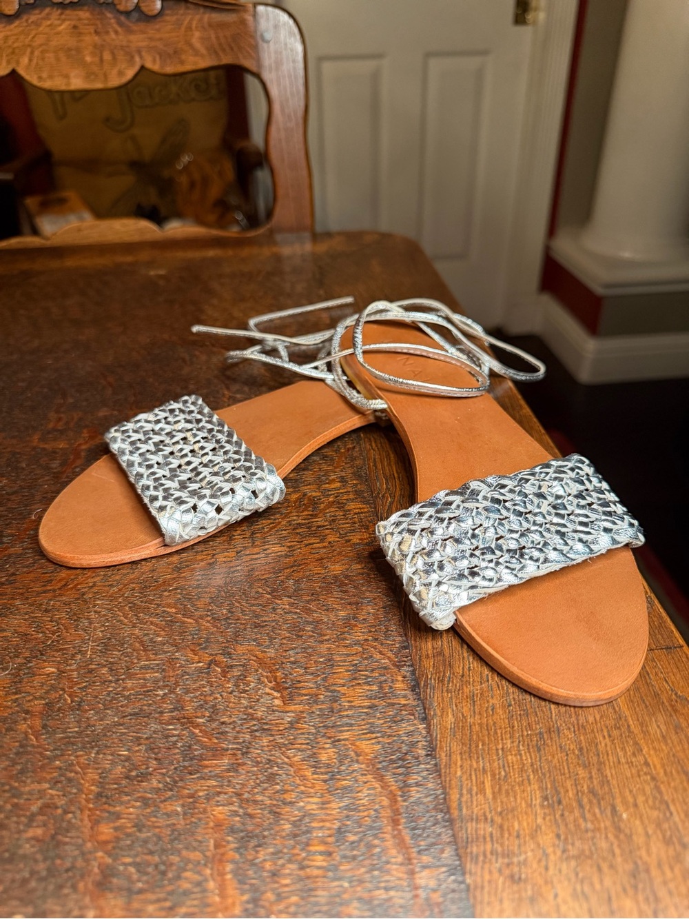 JONAK Paris Deluck Silver Braided Ankle Tie Flat Sandals Metallic Size 38 NWOB